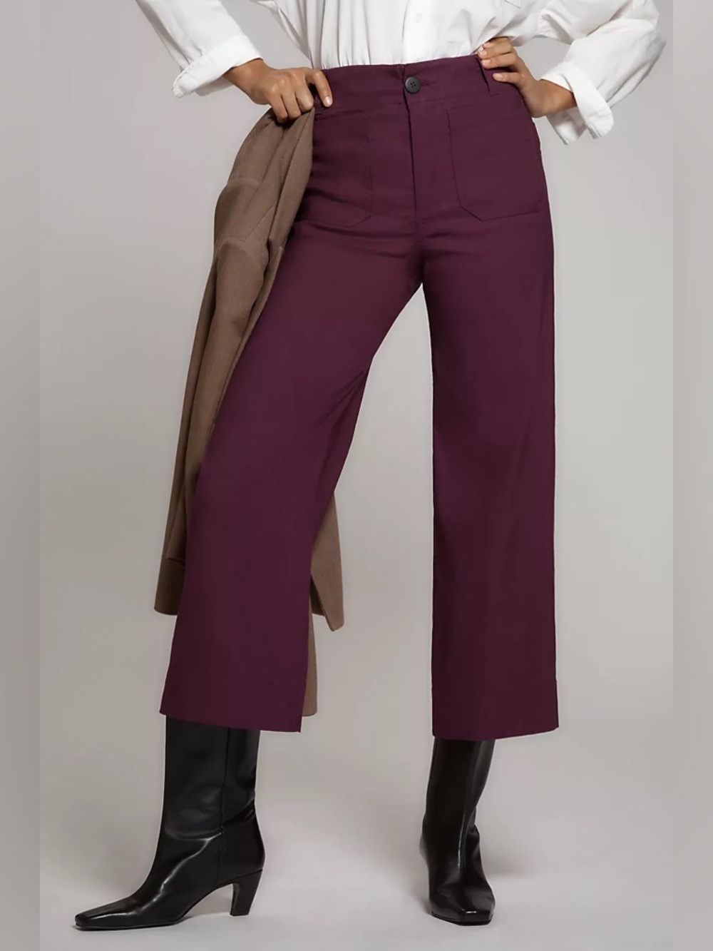 NWT Anthropologie Colette Magic Fabric Crop Wide Leg Pants Dark Plum Grape 28